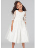 Elbow Sleeves Ivory Lace Tulle Tea Length Flower Girl Dress